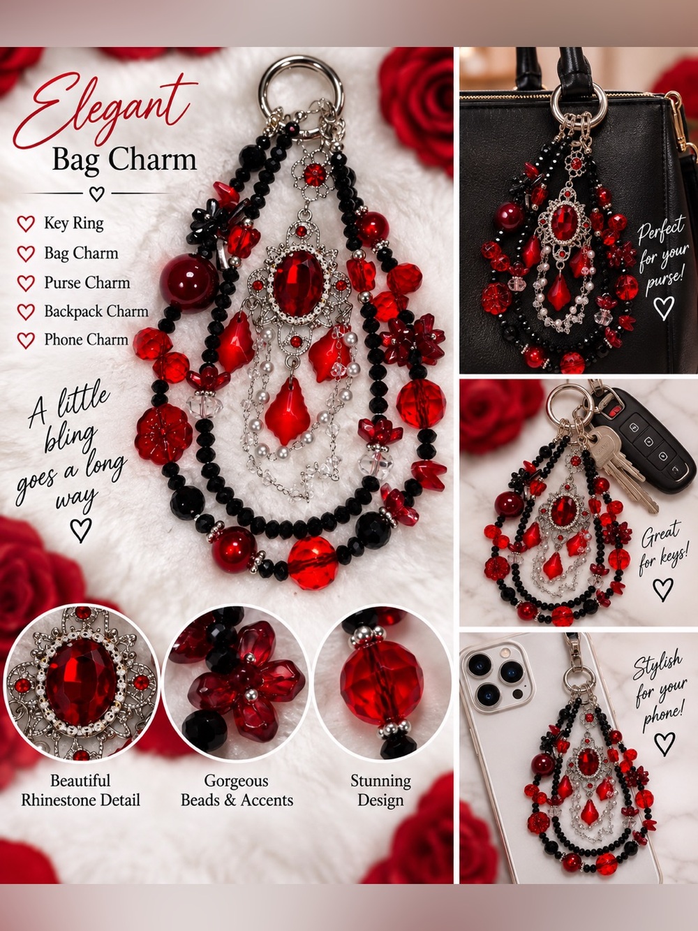 Elegant Red Beaded Bag Charm phone wristlet Keychain